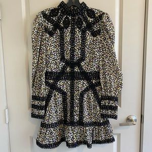 Topshop Crochet Trim Floral Long Sleeve Dress, US 6